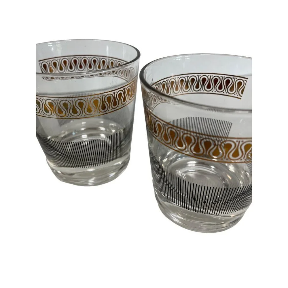 Rocks Glass‎ Dominion Gold Swirl Black Line MCM Vintage SET OF 4